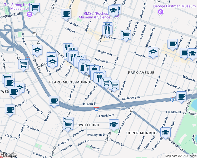map of restaurants, bars, coffee shops, grocery stores, and more near 22 Wilmer Street in Rochester