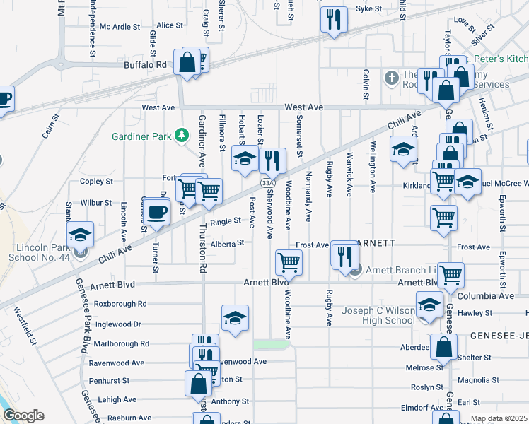 map of restaurants, bars, coffee shops, grocery stores, and more near in Rochester