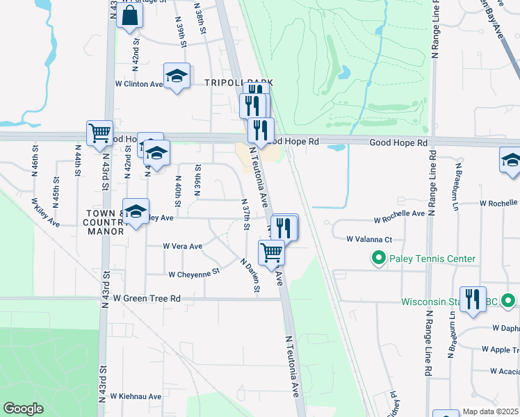 map of restaurants, bars, coffee shops, grocery stores, and more near 7017 North Teutonia Avenue in Milwaukee
