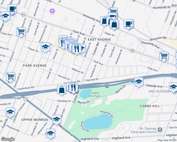 map of restaurants, bars, coffee shops, grocery stores, and more near 219 Culver Road in Rochester