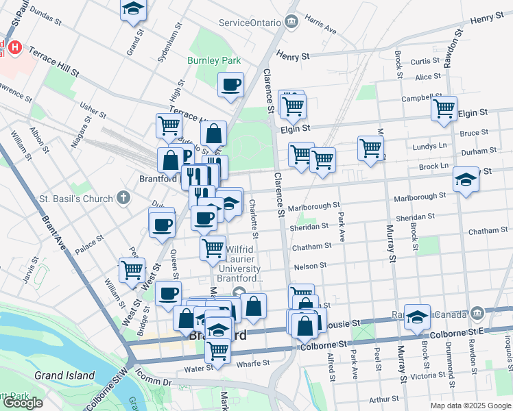 map of restaurants, bars, coffee shops, grocery stores, and more near 119 Charlotte Street in Brantford