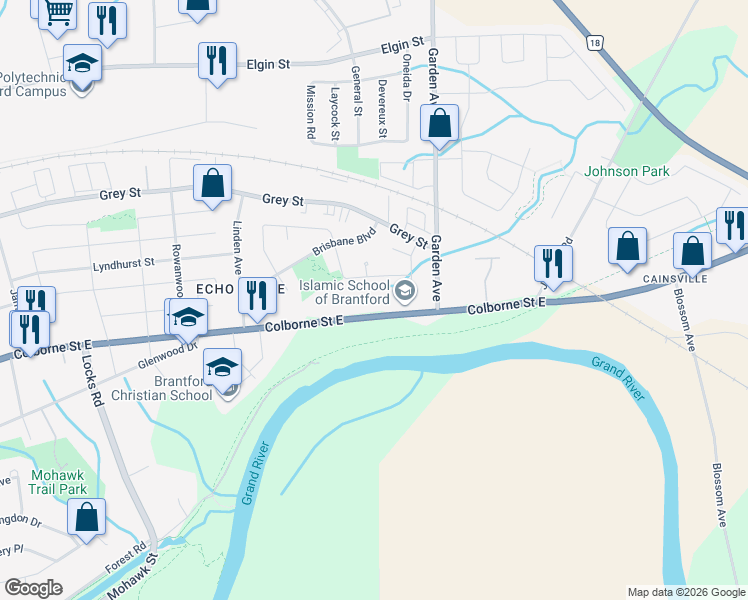 map of restaurants, bars, coffee shops, grocery stores, and more near 21 Adelaide Avenue in Brantford