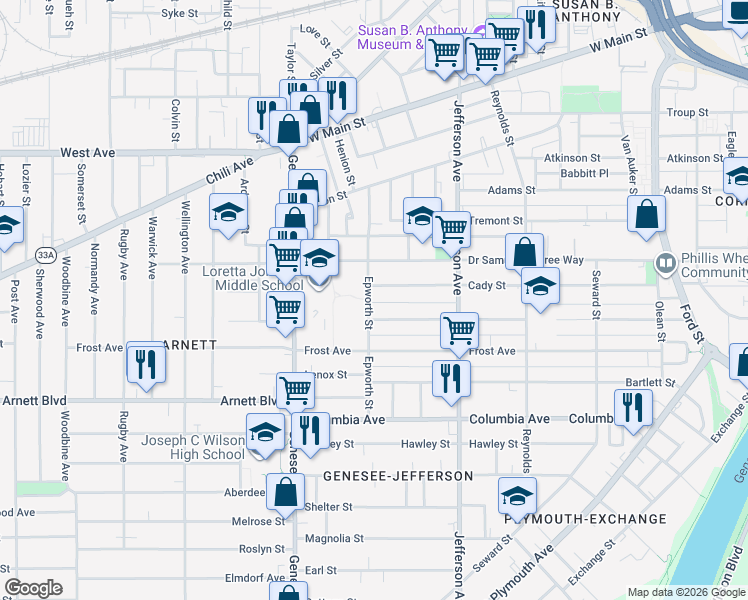 map of restaurants, bars, coffee shops, grocery stores, and more near 192 Cady Street in Rochester