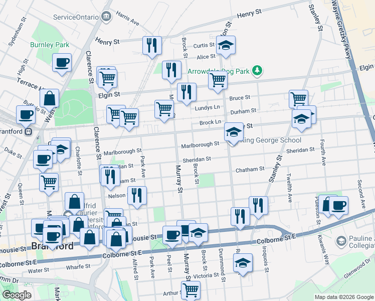 map of restaurants, bars, coffee shops, grocery stores, and more near 205B Marlborough Street in Brantford