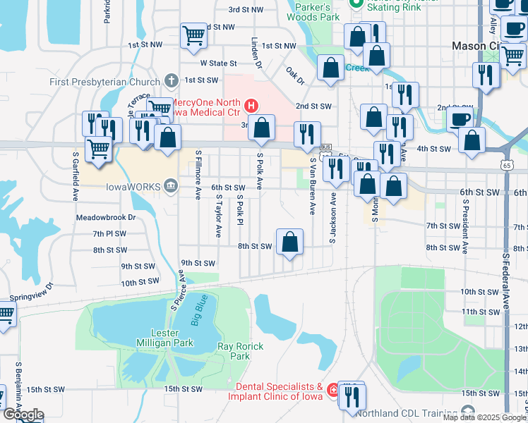 map of restaurants, bars, coffee shops, grocery stores, and more near 631 South Polk Avenue in Mason City