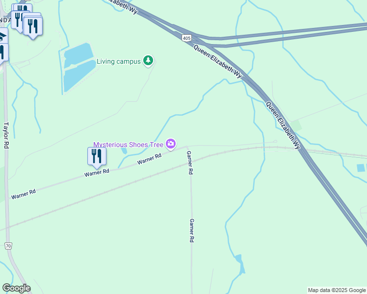 map of restaurants, bars, coffee shops, grocery stores, and more near Warner Road in Niagara Falls