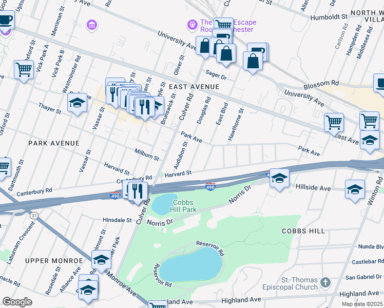 map of restaurants, bars, coffee shops, grocery stores, and more near 7 Audubon Street in Rochester