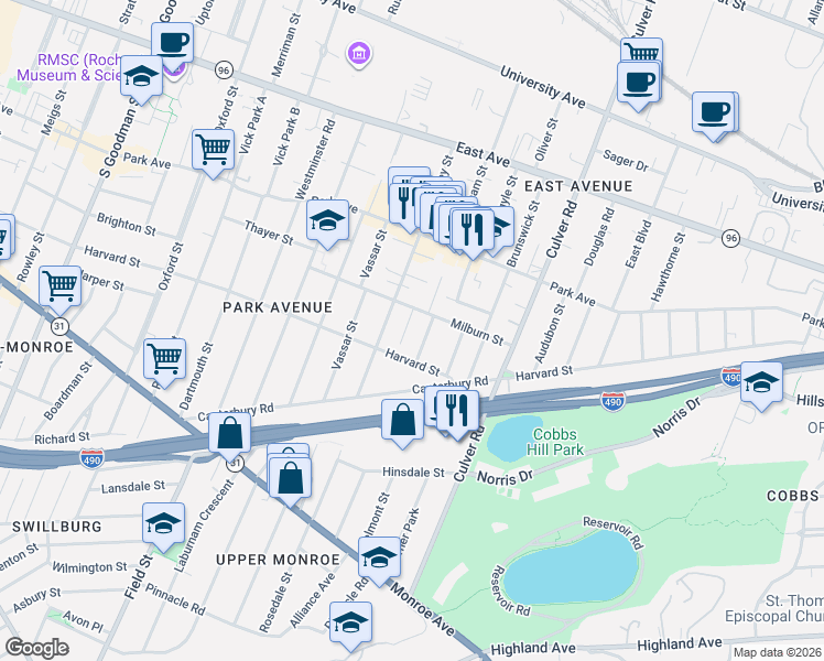 map of restaurants, bars, coffee shops, grocery stores, and more near 143 Milburn Street in Rochester