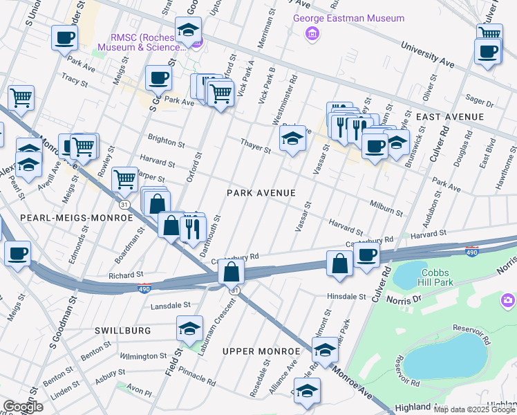 map of restaurants, bars, coffee shops, grocery stores, and more near 259 Barrington Street in Rochester
