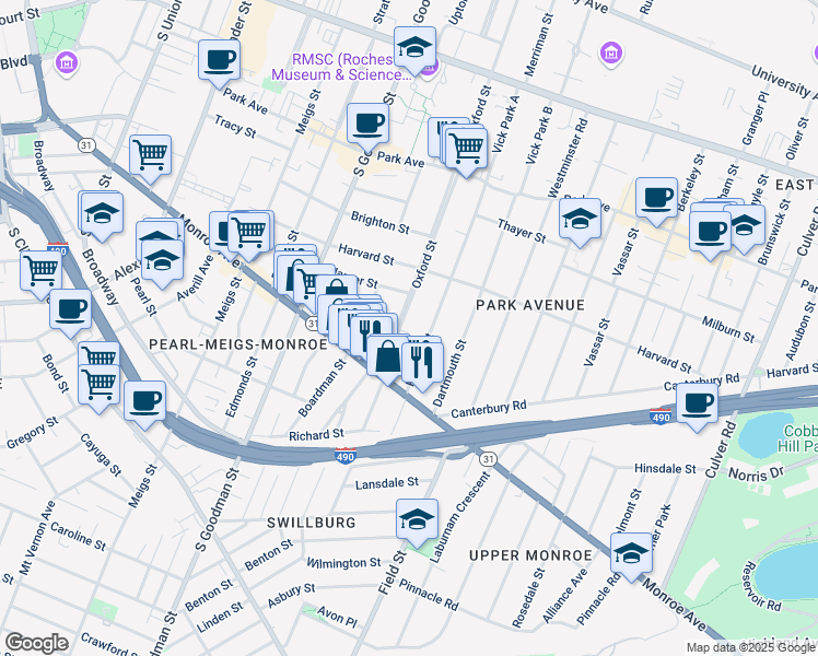 map of restaurants, bars, coffee shops, grocery stores, and more near 185 Rutgers Street in Rochester
