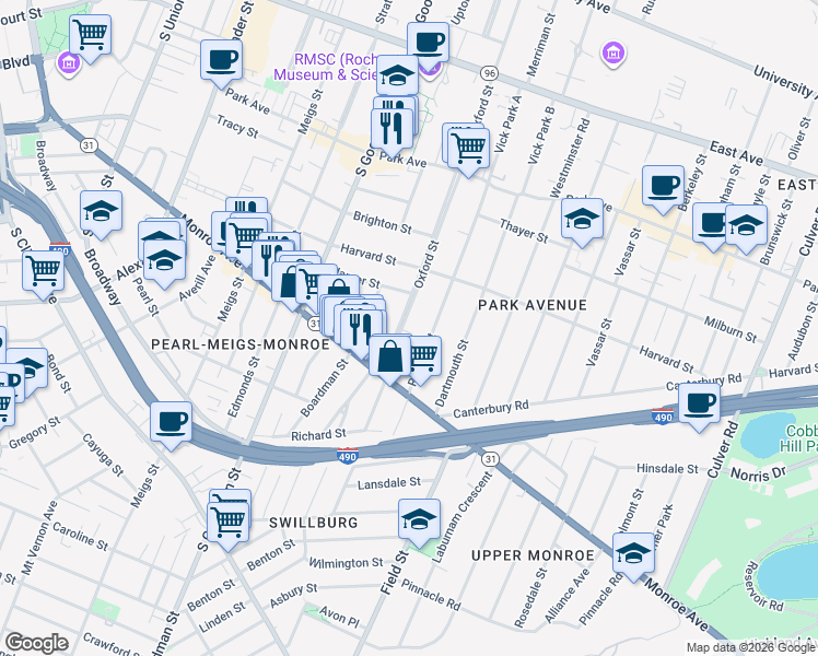 map of restaurants, bars, coffee shops, grocery stores, and more near 70 Wilmer Street in Rochester