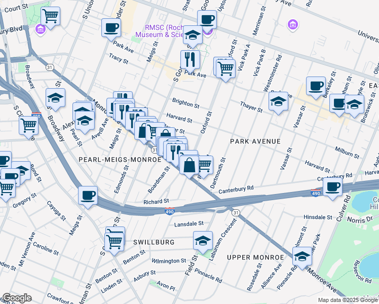map of restaurants, bars, coffee shops, grocery stores, and more near 70 Wilmer Street in Rochester