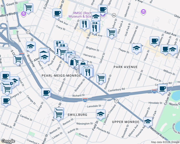 map of restaurants, bars, coffee shops, grocery stores, and more near 42 Cornell Street in Rochester