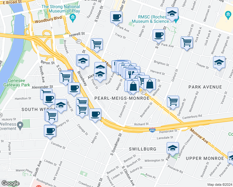 map of restaurants, bars, coffee shops, grocery stores, and more near 416 Meigs Street in Rochester
