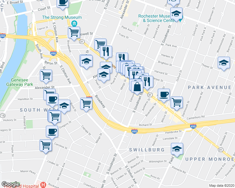 map of restaurants, bars, coffee shops, grocery stores, and more near 22 Elmhurst Street in Rochester