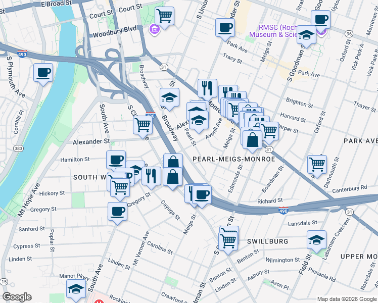 map of restaurants, bars, coffee shops, grocery stores, and more near 236 Pearl Street in Rochester
