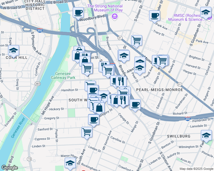 map of restaurants, bars, coffee shops, grocery stores, and more near 561 South Clinton Avenue in Rochester