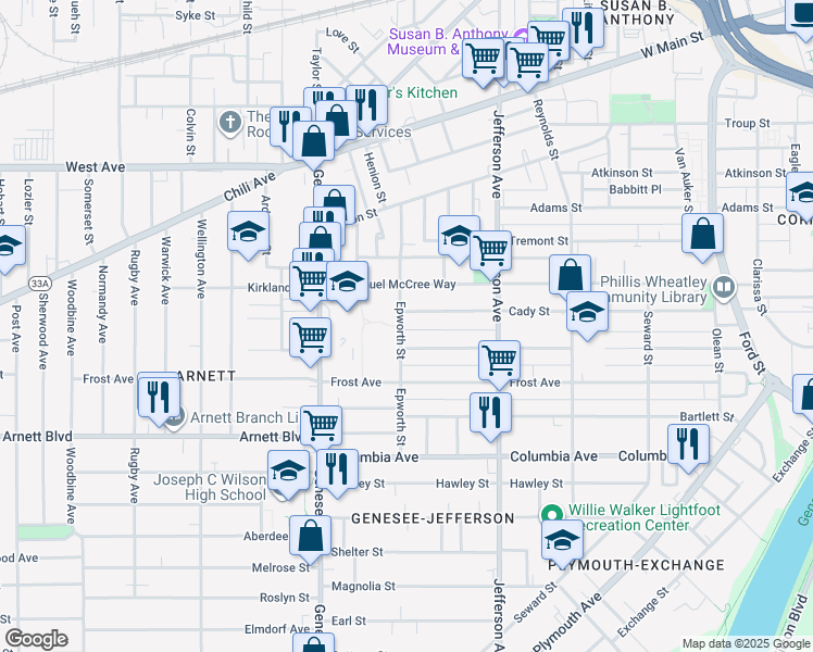 map of restaurants, bars, coffee shops, grocery stores, and more near 192 Cady Street in Rochester