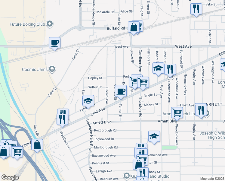 map of restaurants, bars, coffee shops, grocery stores, and more near 183 Garfield Street in Rochester
