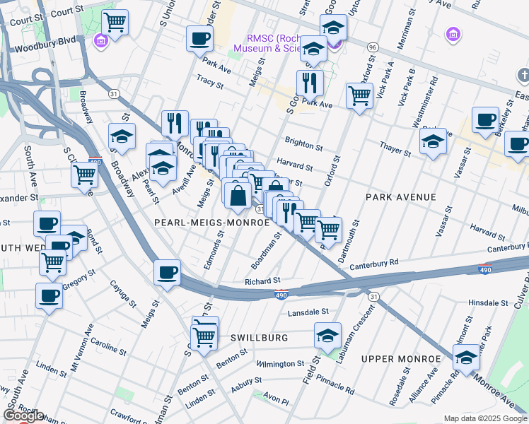 map of restaurants, bars, coffee shops, grocery stores, and more near Monroe Ave & Cornell St in Rochester