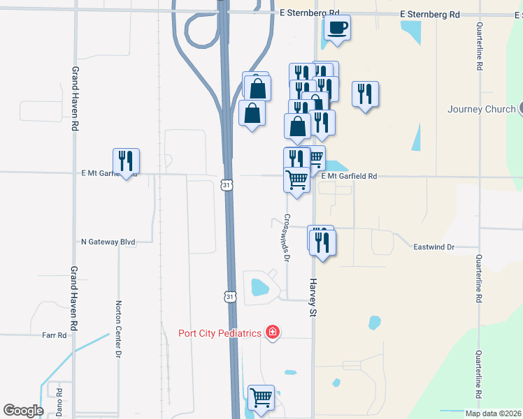 map of restaurants, bars, coffee shops, grocery stores, and more near 1455 East Mount Garfield Road in Muskegon