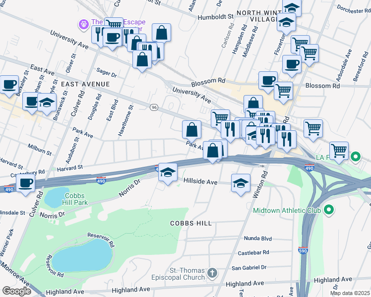 map of restaurants, bars, coffee shops, grocery stores, and more near 1225 Park Avenue in Rochester