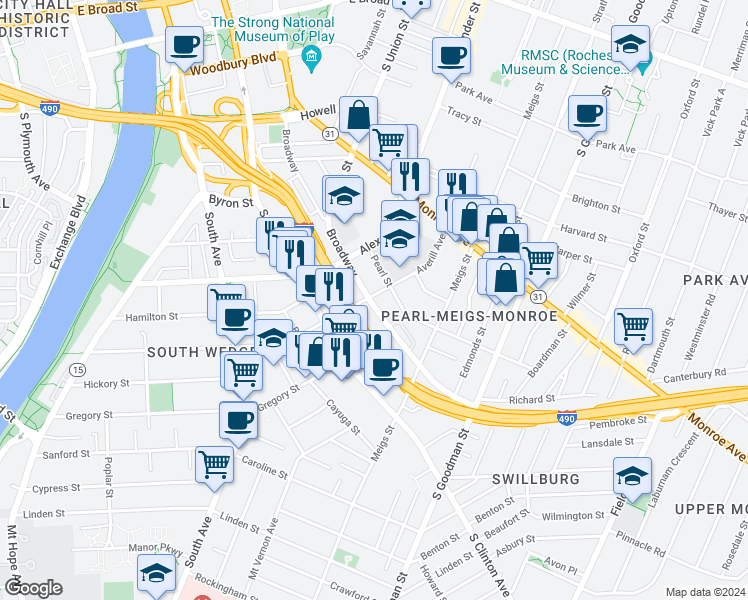 map of restaurants, bars, coffee shops, grocery stores, and more near 445 Averill Avenue in Rochester