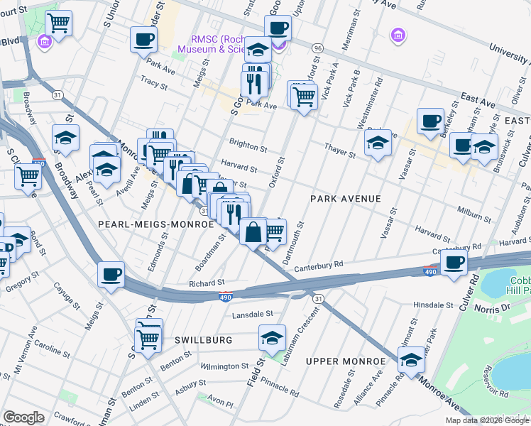 map of restaurants, bars, coffee shops, grocery stores, and more near 70 Wilmer Street in Rochester