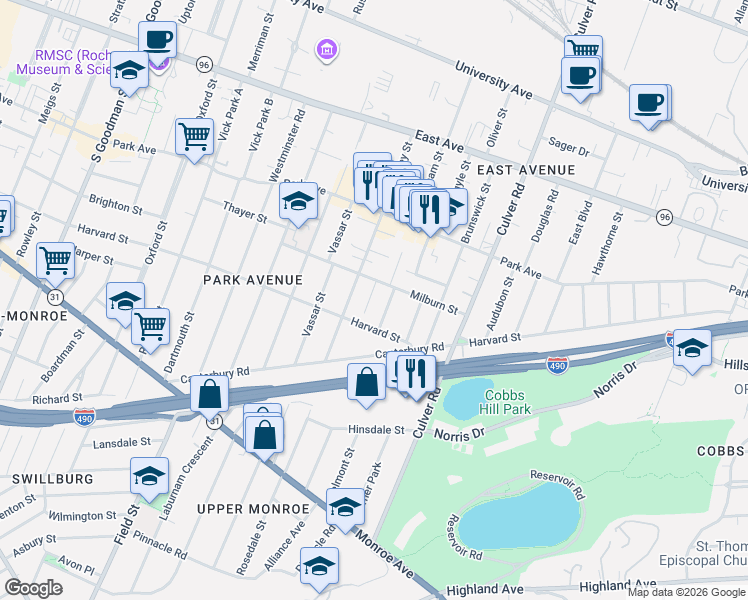 map of restaurants, bars, coffee shops, grocery stores, and more near 143 Milburn Street in Rochester