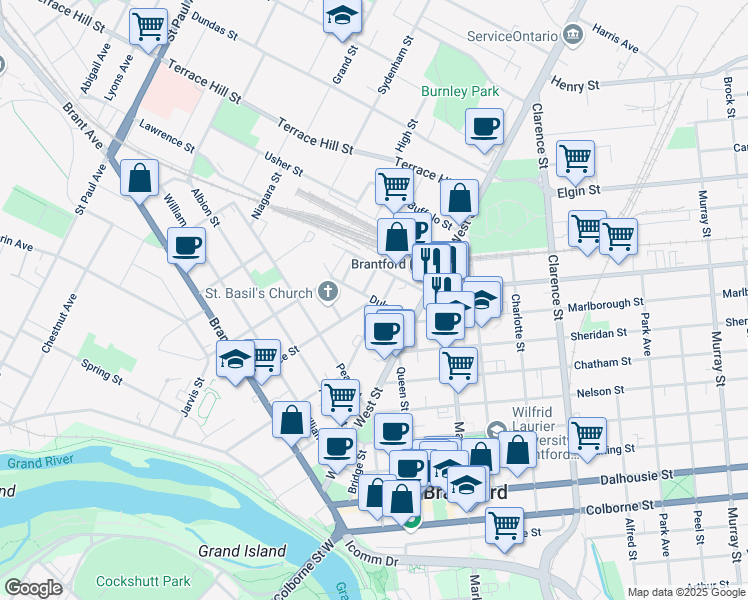 map of restaurants, bars, coffee shops, grocery stores, and more near Duke Street in Brantford