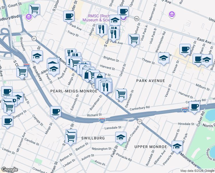 map of restaurants, bars, coffee shops, grocery stores, and more near 42 Cornell Street in Rochester