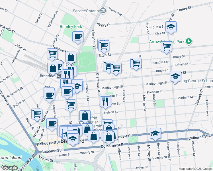 map of restaurants, bars, coffee shops, grocery stores, and more near in Brantford