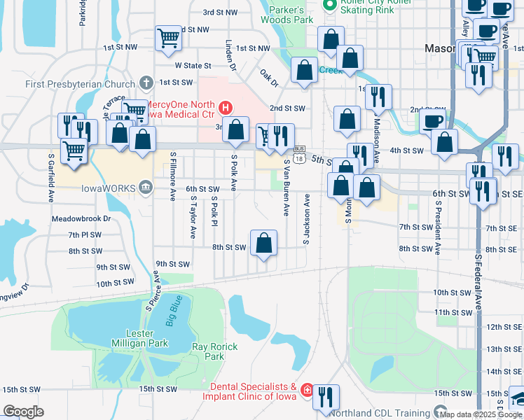 map of restaurants, bars, coffee shops, grocery stores, and more near 823 6th Street Southwest in Mason City