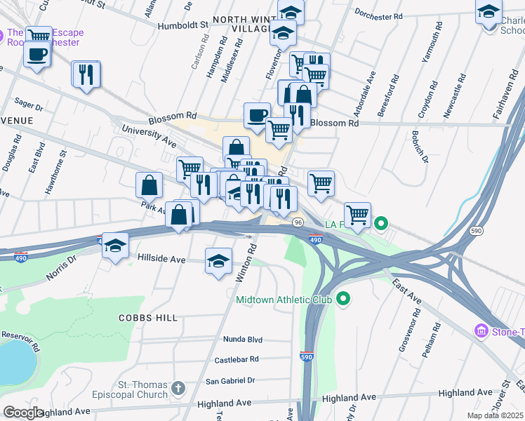 map of restaurants, bars, coffee shops, grocery stores, and more near in Rochester