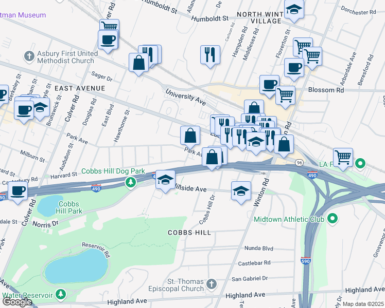 map of restaurants, bars, coffee shops, grocery stores, and more near 44 Colby Street in Rochester