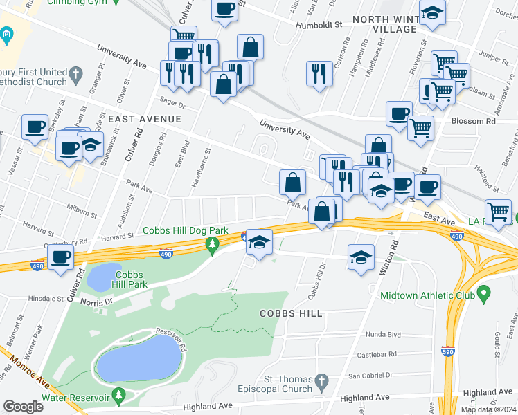 map of restaurants, bars, coffee shops, grocery stores, and more near in Rochester
