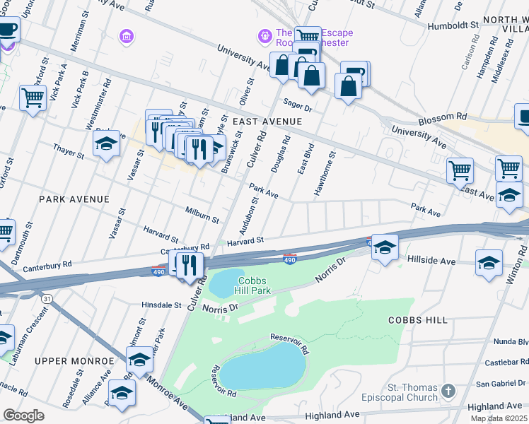 map of restaurants, bars, coffee shops, grocery stores, and more near 7 Audubon Street in Rochester