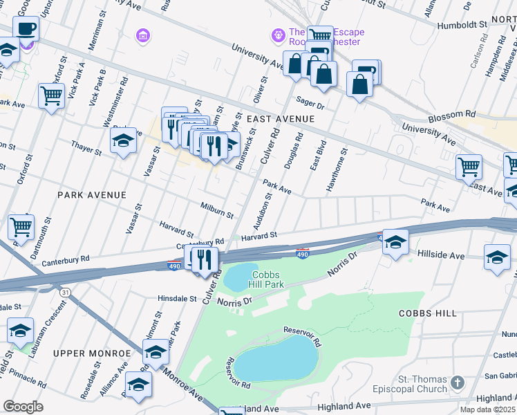 map of restaurants, bars, coffee shops, grocery stores, and more near 7 Audubon Street in Rochester