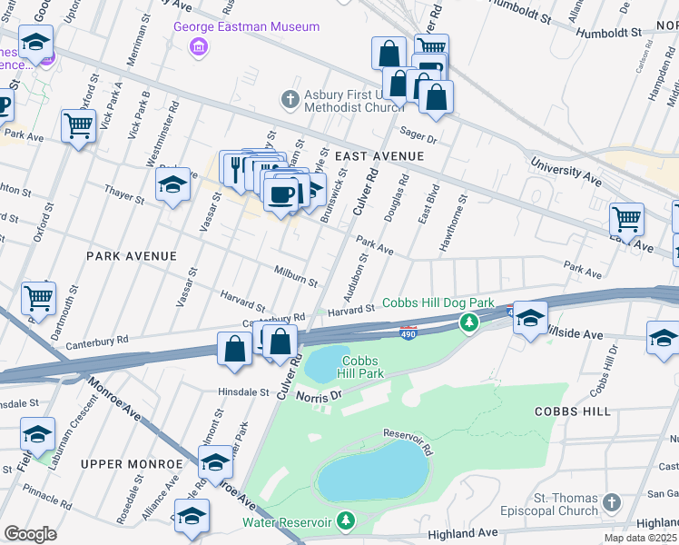 map of restaurants, bars, coffee shops, grocery stores, and more near 219 Culver Road in Rochester