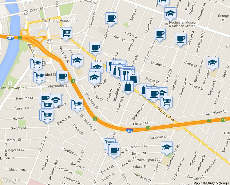 map of restaurants, bars, coffee shops, grocery stores, and more near 416 Meigs Street in Rochester