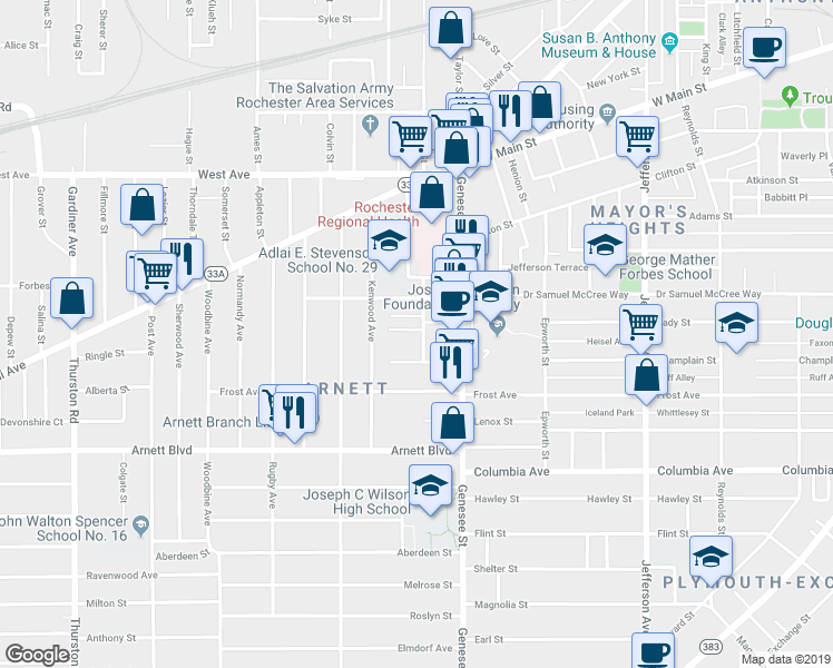 map of restaurants, bars, coffee shops, grocery stores, and more near 10 Wayne Place in Rochester