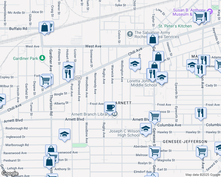 map of restaurants, bars, coffee shops, grocery stores, and more near 90 Rugby Avenue in Rochester