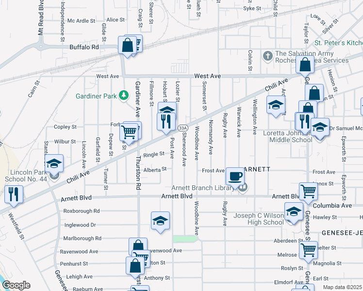 map of restaurants, bars, coffee shops, grocery stores, and more near in Rochester