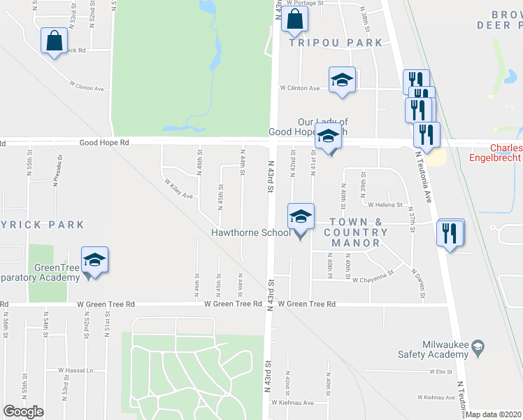 map of restaurants, bars, coffee shops, grocery stores, and more near 7047 North 43rd Street in Milwaukee
