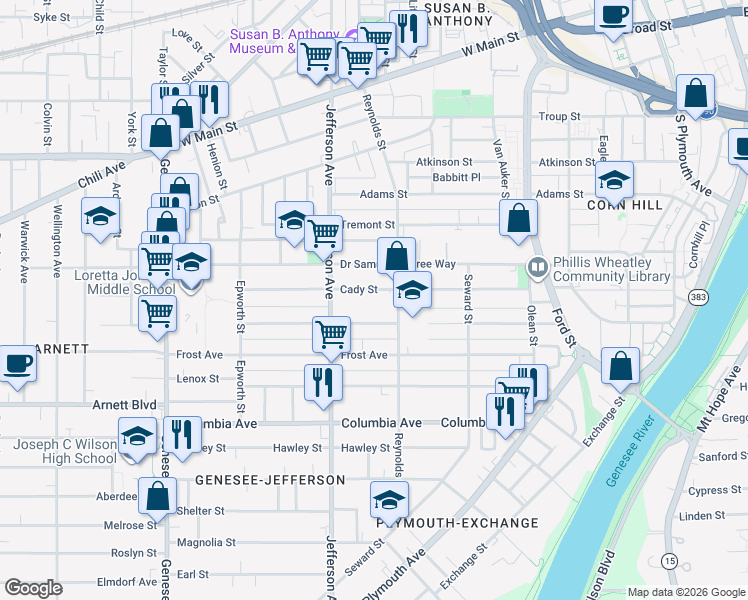 map of restaurants, bars, coffee shops, grocery stores, and more near 102 Cady Street in Rochester