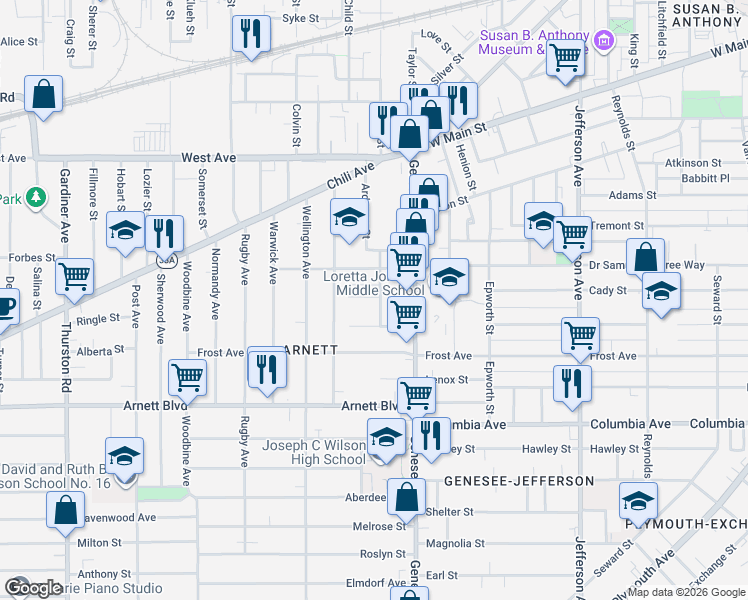 map of restaurants, bars, coffee shops, grocery stores, and more near 10 Wayne Place in Rochester