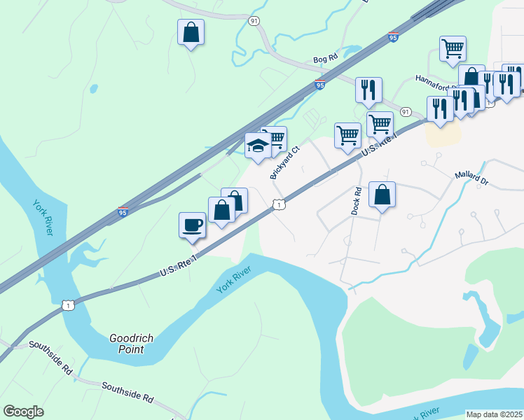 map of restaurants, bars, coffee shops, grocery stores, and more near 296 U.S. 1 in York