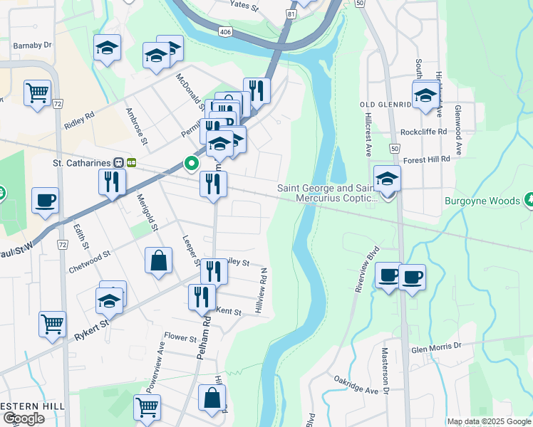 map of restaurants, bars, coffee shops, grocery stores, and more near 85 Hamilton Street in St. Catharines