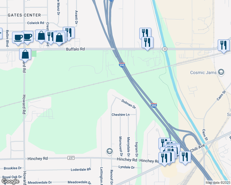 map of restaurants, bars, coffee shops, grocery stores, and more near 86 Dolman Drive in Rochester