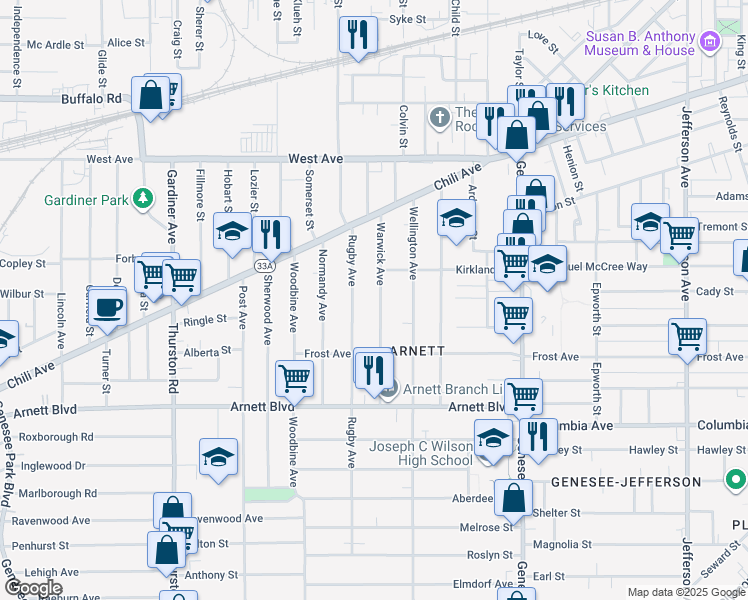 map of restaurants, bars, coffee shops, grocery stores, and more near 90 Rugby Avenue in Rochester